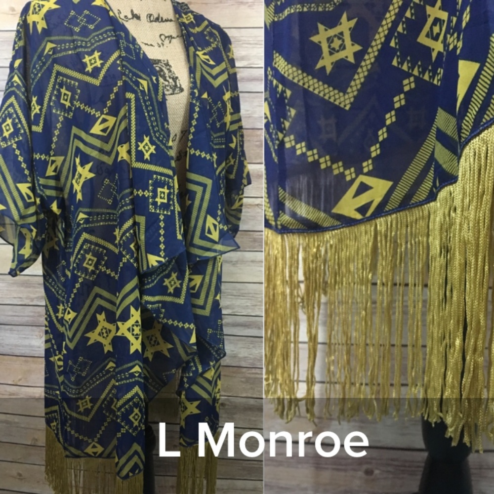 LuLaRoe L Monroe, blue, yellow fringe